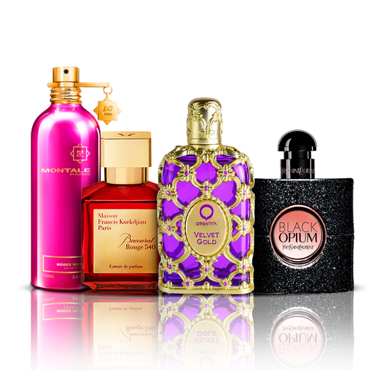 Set de 4 Perfumes | Orientica Velvet Gold + Baccarat Rouge + Black Opium + Montale Roses Musk 100 ml